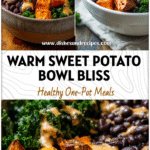 Colorful bowl of roasted sweet potato, black beans, kale, and creamy peanut sauce served as a healthy winter dinner.